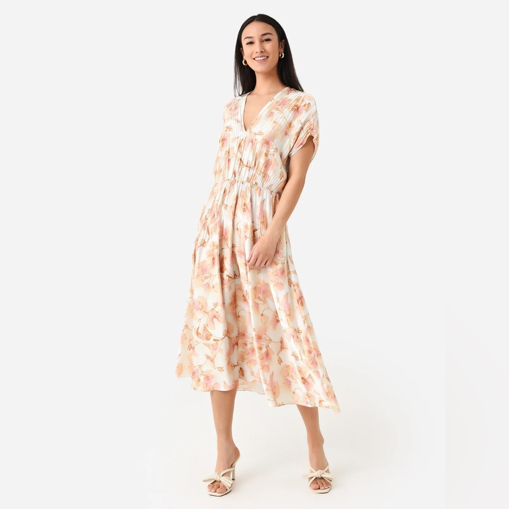 Vince Satin Pleated Floral Cap Sleeve Dress